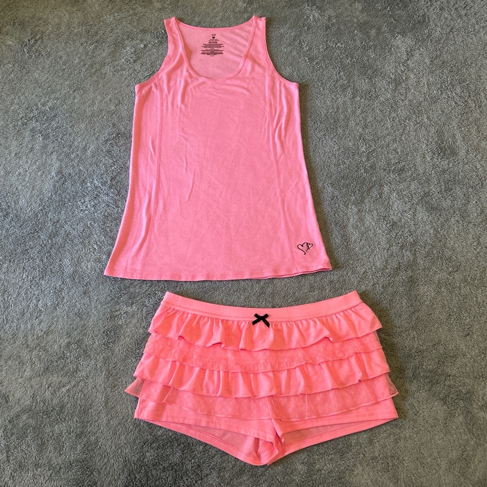 Pink Ruffle Lace Sleepwear Set Tank Top and Tiered Shorts 2-Piece Pajama Set